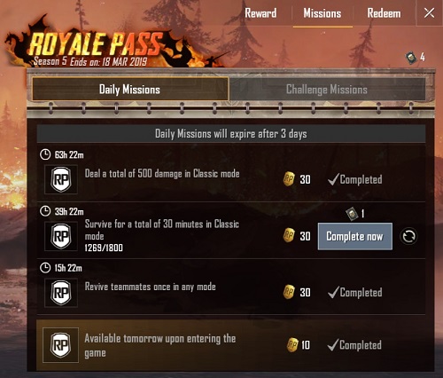 Level 100 Royal Pass Daily Mission