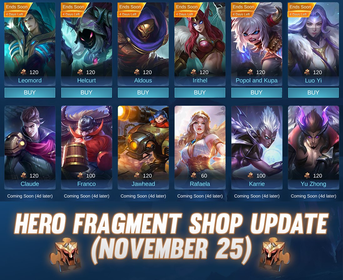 Update Hero Fragment Shop November 25 Mobile Legends (ML)