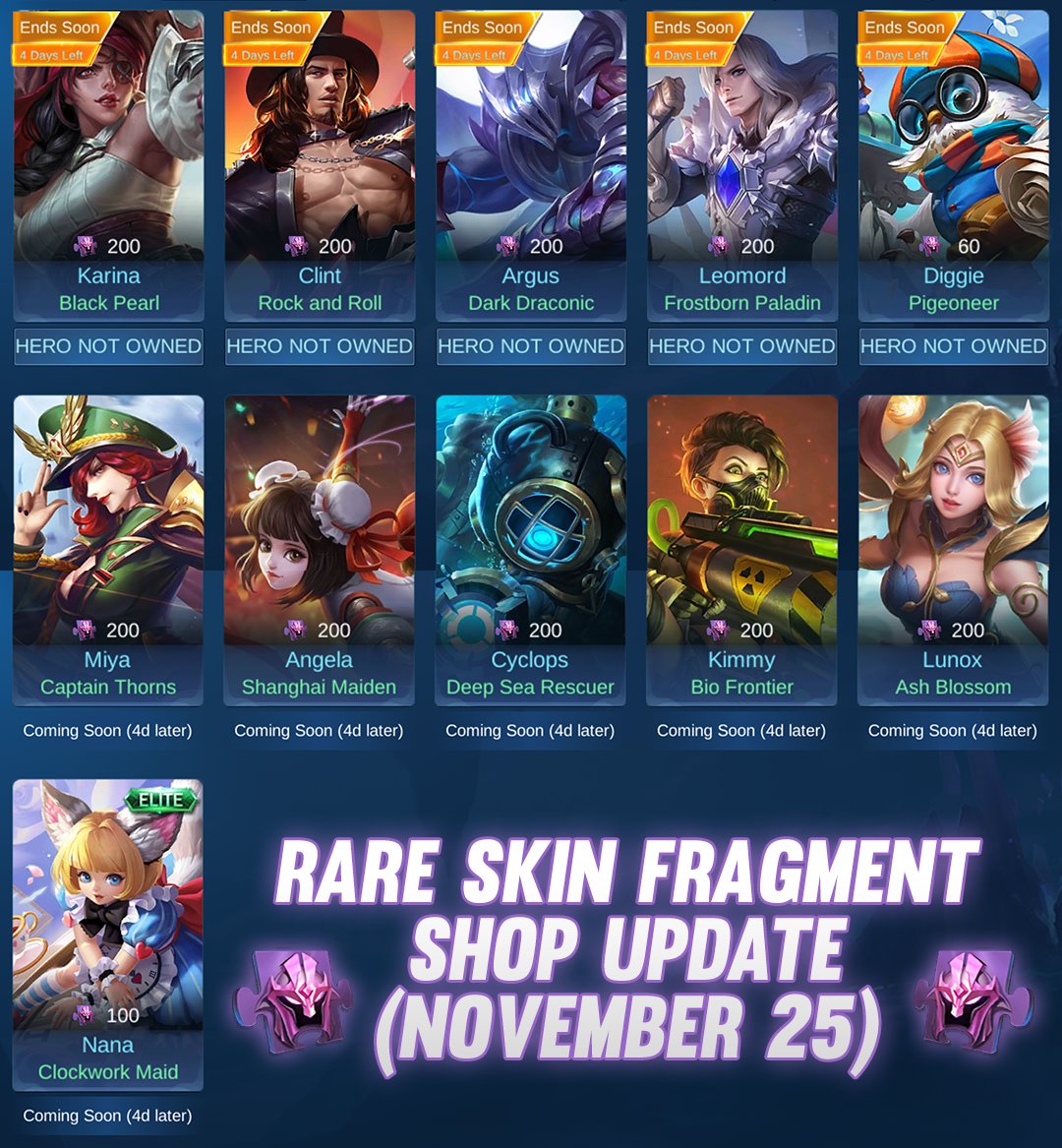 Actualización de Skin Fragment Shop 25 de noviembre Mobile Legends (ML)